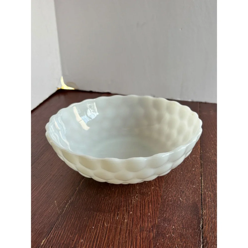 Vintage White Milk Glass Hobnail Scalloped Serving Bowl 8.25 Inch Mid Century